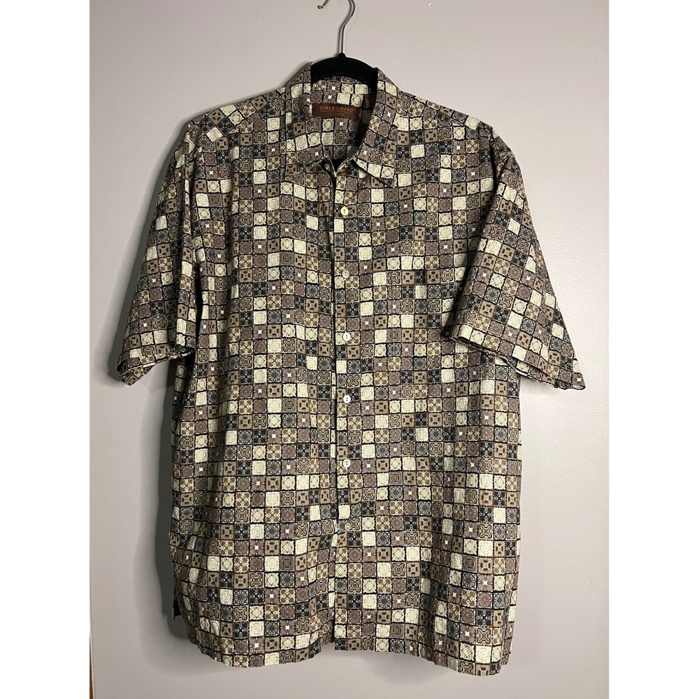 Tori Richard Honolulu Mens Large Cotton Lawn Geometric Tile Print Shirt Brown